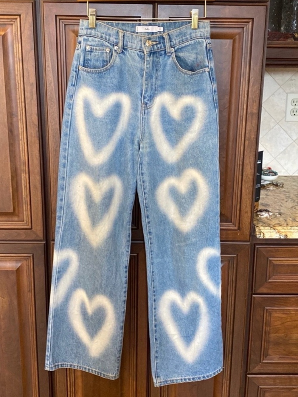Adika Blue Denim Wide Leg Jeans with White Heart Spray Design